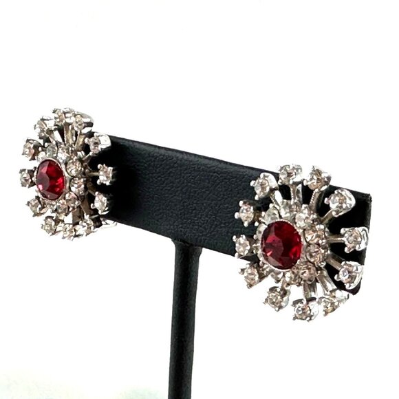 Vintage Sterling Clip-On Earrings, 1940s Rhinestone Starburst - Picture 3 of 7